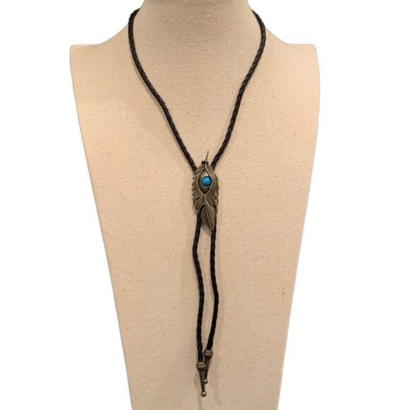 Men’s Western Bolo Necklace in Antique Bronze Tone with Faux Turquoise Stone - Picture 1 of 11
